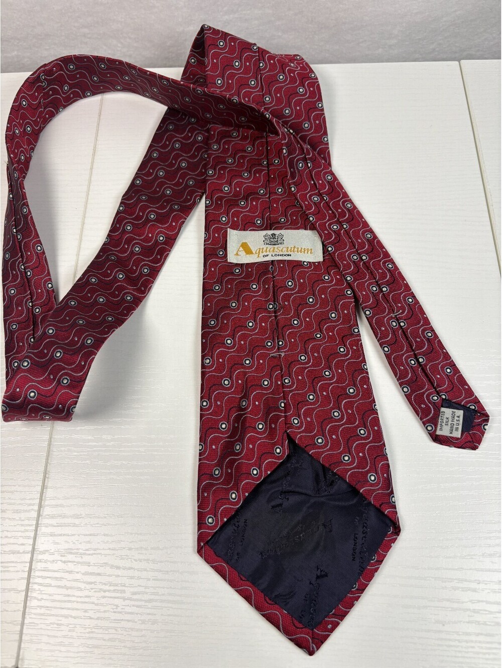 Aquascutum of London Red Silk Tie Vintage Handmade USA Wavy Geometric Necktie